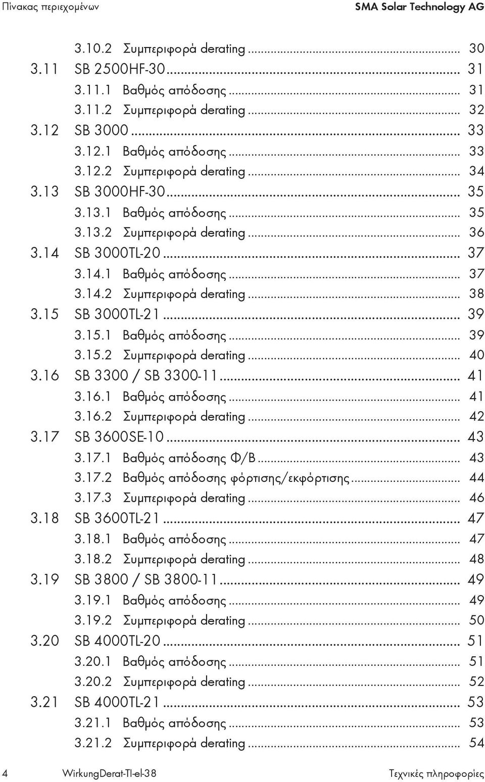 15.1 Βαθμός απόδοσης... 39 3.15.2 Συμπεριφορά derating... 40 3.16 SB 3300 / SB 3300-11... 41 3.16.1 Βαθμός απόδοσης... 41 3.16.2 Συμπεριφορά derating... 42 3.17 SB 3600SE-10... 43 3.17.1 Βαθμός απόδοσης Φ/Β.