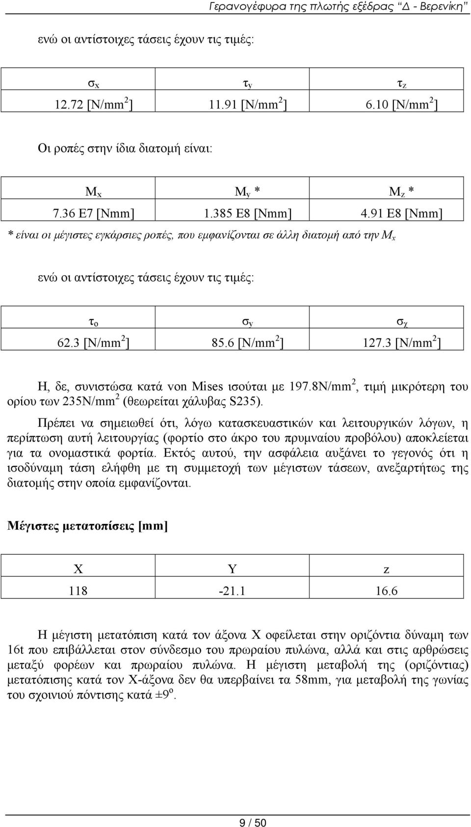 3 [N/mm 2 ] Η, δε, συνιστώσα κατά von Mises ισούται με 197.8N/mm 2, τιμή μικρότερη του ορίου των 235N/mm 2 (θεωρείται χάλυβας S235).