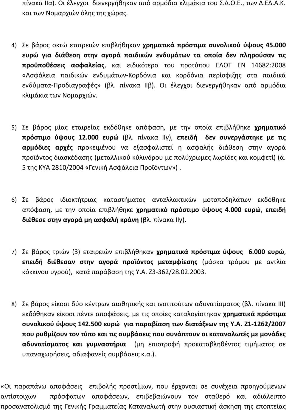 περίσφιξης στα παιδικά ενδύματα-προδιαγραφές» (βλ. πίνακα ΙΙβ). Οι έλεγχοι διενεργήθηκαν από αρμόδια κλιμάκια των Νομαρχιών.