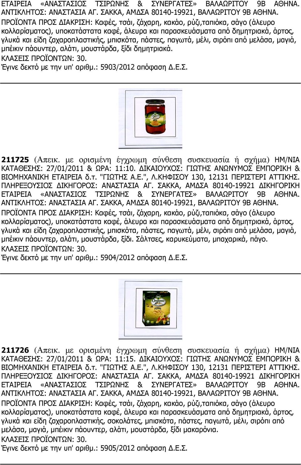 µπισκότα, πάστες, παγωτά, µέλι, σιρόπι από µελάσα, µαγιά, µπέικιν πάουντερ, αλάτι, µουστάρδα, ξίδι δηµητριακά. ΚΛΑΣΕΙΣ ΠΡΟΪΟΝΤΩΝ: 30. Έγινε δεκτό µε την υπ' αριθµ.: 5903/2012 απόφαση.ε.σ. 211725 (Απεικ.