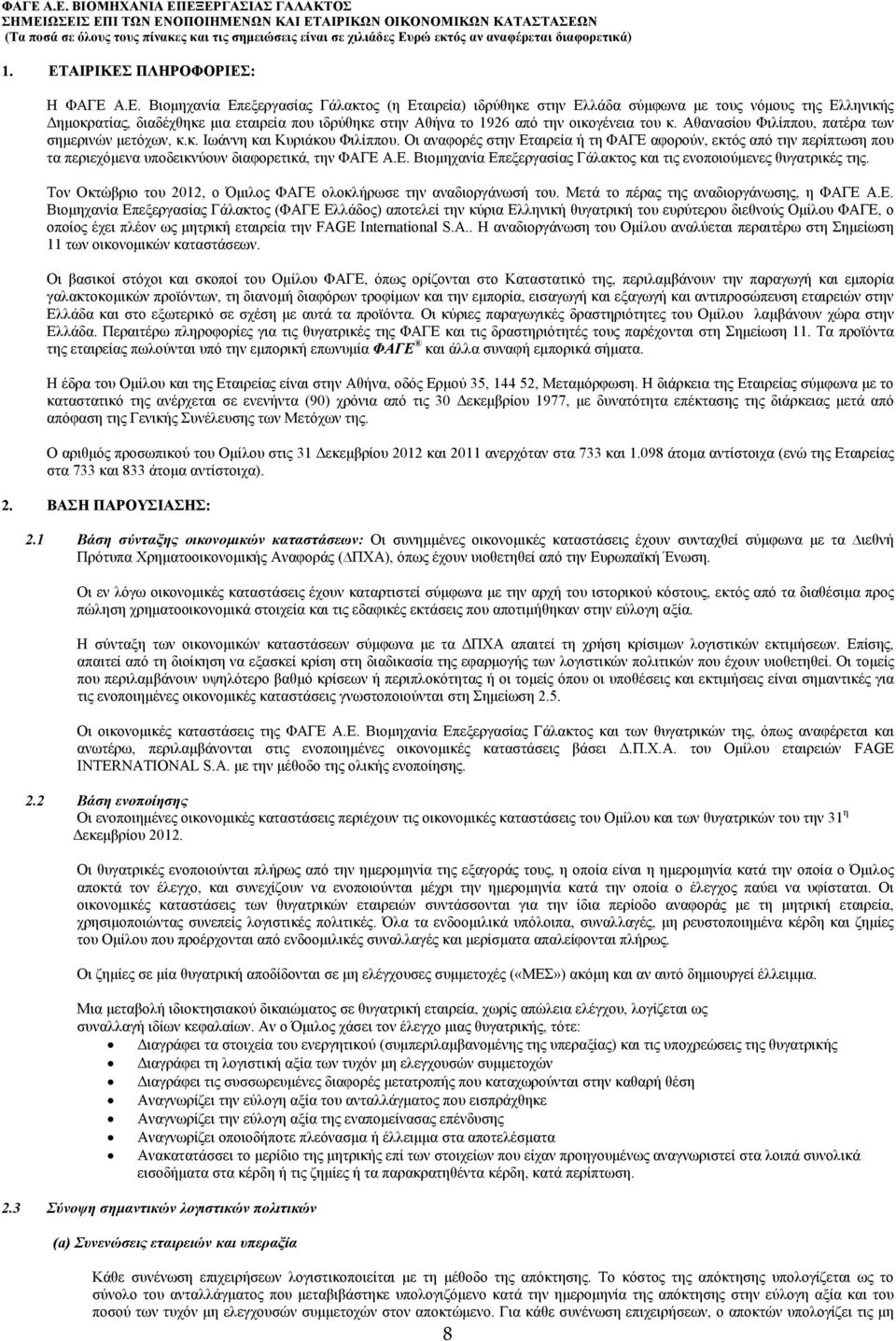 Οι αναφορές στην Εταιρεία ή τη ΦΑΓΕ αφορούν, εκτός από την περίπτωση που τα περιεχόμενα υποδεικνύουν διαφορετικά, την ΦΑΓΕ Α.Ε. Βιομηχανία Επεξεργασίας Γάλακτος και τις ενοποιούμενες θυγατρικές της.