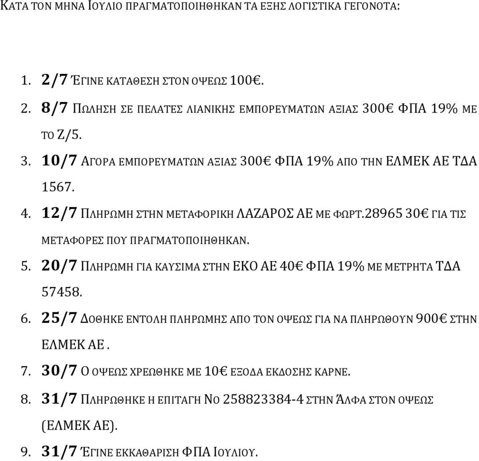 28965 30 ΓΙΑ ΤΙΣ ΜΕΤΑΦΟΡΕΣ ΠΟΥ ΠΡΑΓΜΑΤΟΠΟΙΗΘΗΚΑΝ. 5. 20/7 ΠΛΗΡΩΜΗ ΓΙΑ ΚΑΥΣΙΜΑ ΣΤΗΝ ΕΚΟ ΑΕ 40 ΦΠΑ 19% ΜΕ ΜΕΤΡΗΤΑ ΤΔΑ 57458. 6.