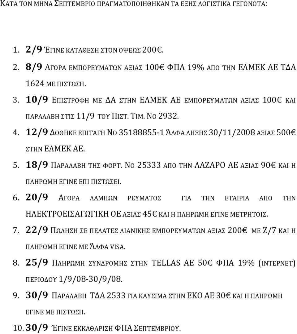 ΝΟ 25333 ΑΠΟ ΤΗΝ ΛΑΖΑΡΟ ΑΕ ΑΞΙΑΣ 90 ΚΑΙ Η ΠΛΗΡΩΜΗ ΕΓΙΝΕ ΕΠΙ ΠΙΣΤΩΣΕΙ. 6. 20/9 ΑΓΟΡΑ ΛΑΜΠΩΝ ΡΕΥΜΑΤΟΣ ΓΙΑ ΤΗΝ ΕΤΑΙΡΙΑ ΑΠΟ ΤΗΝ ΗΛΕΚΤΡΟΕΙΣΑΓΩΓΙΚΗ ΟΕ ΑΞΙΑΣ 45 ΚΑΙ Η ΠΛΗΡΩΜΗ ΕΓΙΝΕ ΜΕΤΡΗΤΟΙΣ. 7.