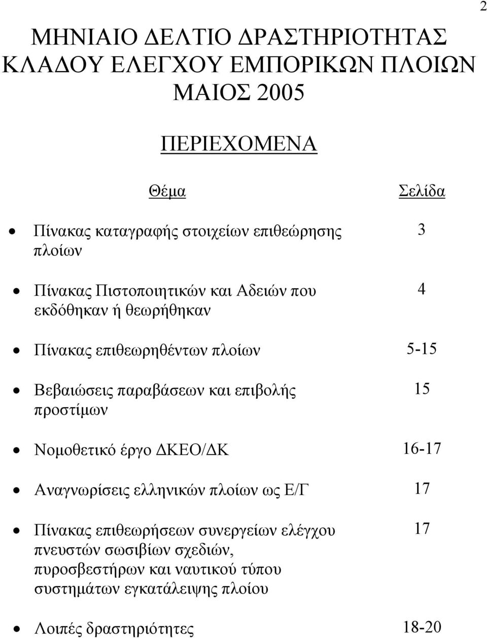 Βεβαιώσεις παραβάσεων και επιβολής προστίμων 15 Νομοθετικό έργο ΔΚΕΟ/ΔΚ 16-17 Αναγνωρίσεις ελληνικών πλοίων ως Ε/Γ 17 Πίνακας