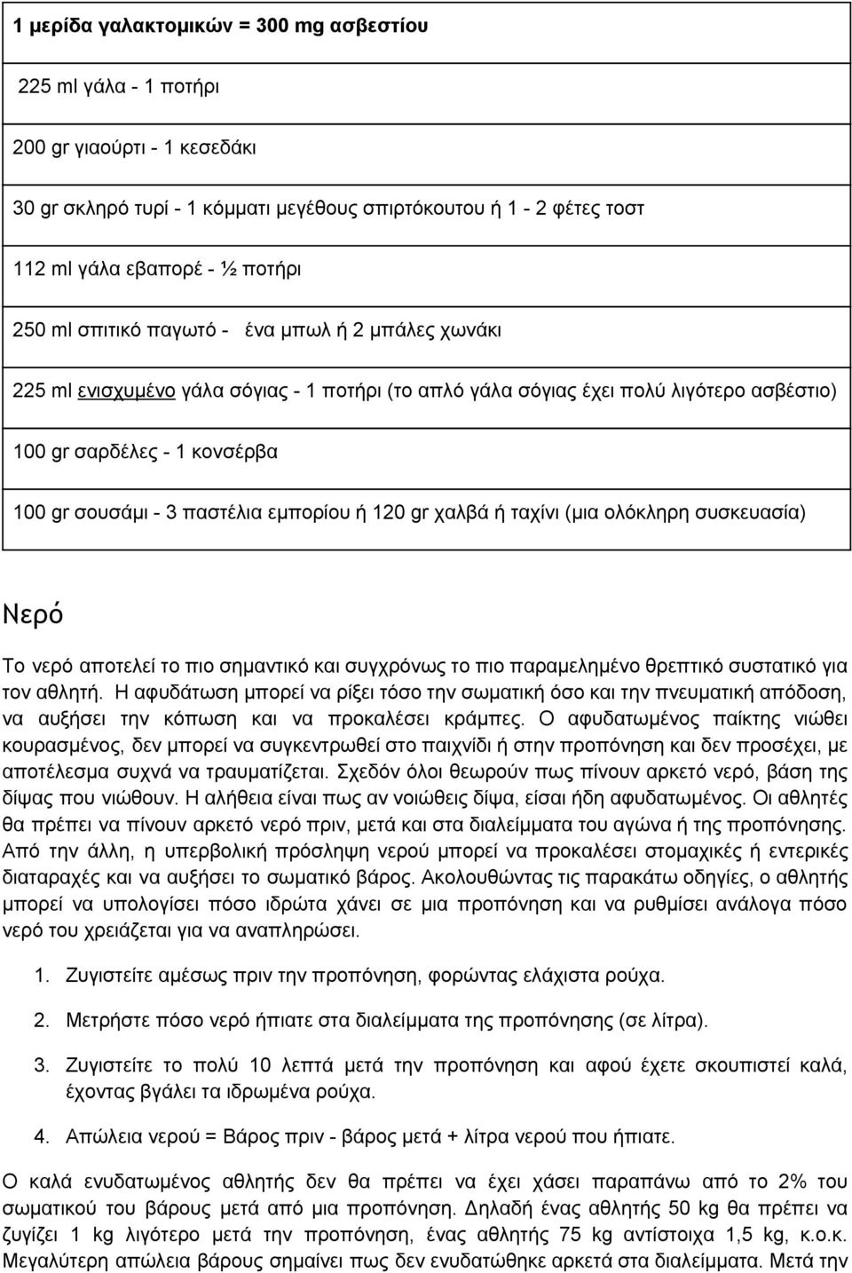 ή ταχίνι (μια ολόκληρη συσκευασία) Νερό Το νερό αποτελεί το πιο σημαντικό και συγχρόνως το πιο παραμελημένο θρεπτικό συστατικό για τον αθλητή.