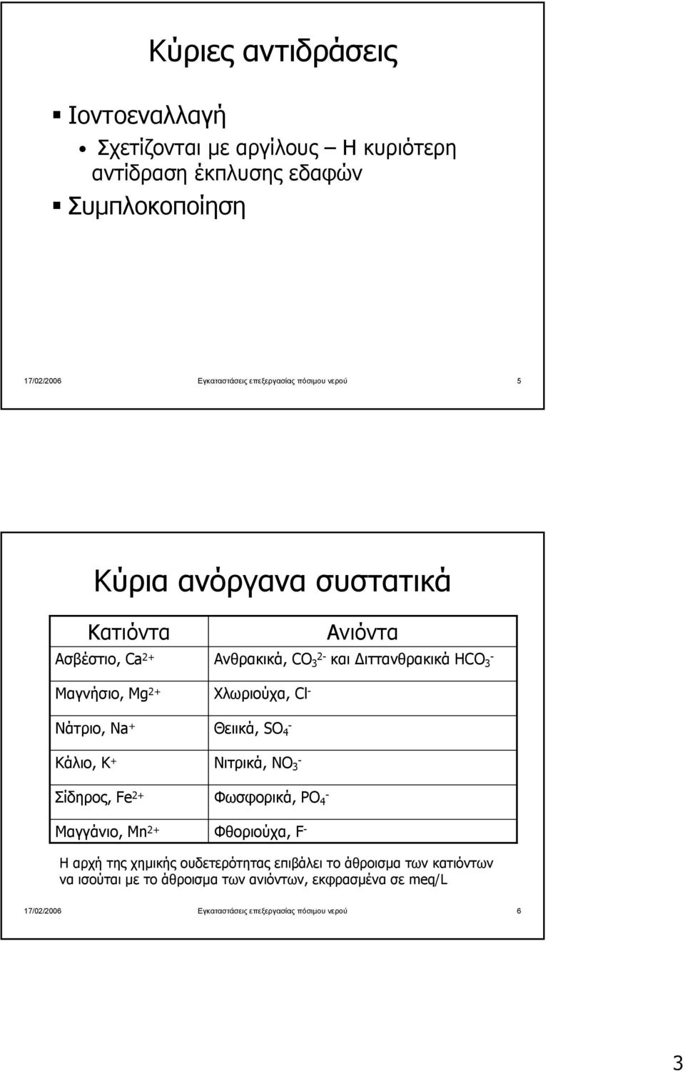 Νάτριο,, Na + Θειικά,, SO - 4 Κάλιο,, K + Νιτρικά,, NO - 3 Σίδηρος,, Fe Φωσφορικά,, PO - 4 Μαγγάνιο,, Mn Φθοριούχα,, F - Ηαρχή της χηµικής