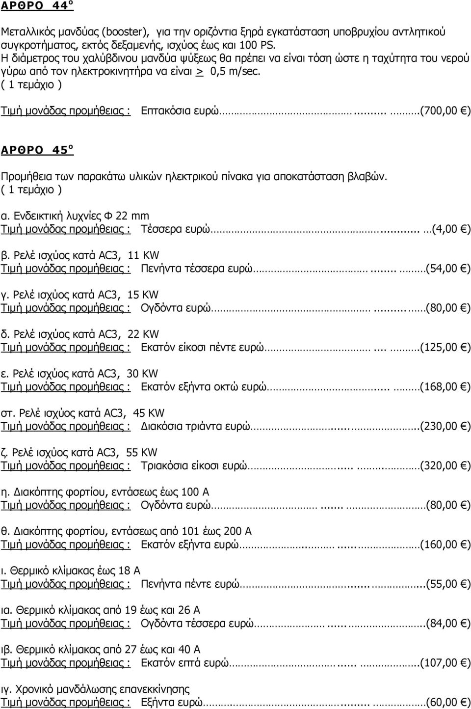 ...(700,00 ) ΑΡΘΡΟ 45 ο Προμήθεια των παρακάτω υλικών ηλεκτρικού πίνακα για αποκατάσταση βλαβών. α. Ενδεικτική λυχνίες Φ 22 mm Τιμή μονάδας προμήθειας : Τέσσερα ευρώ... (4,00 ) β.