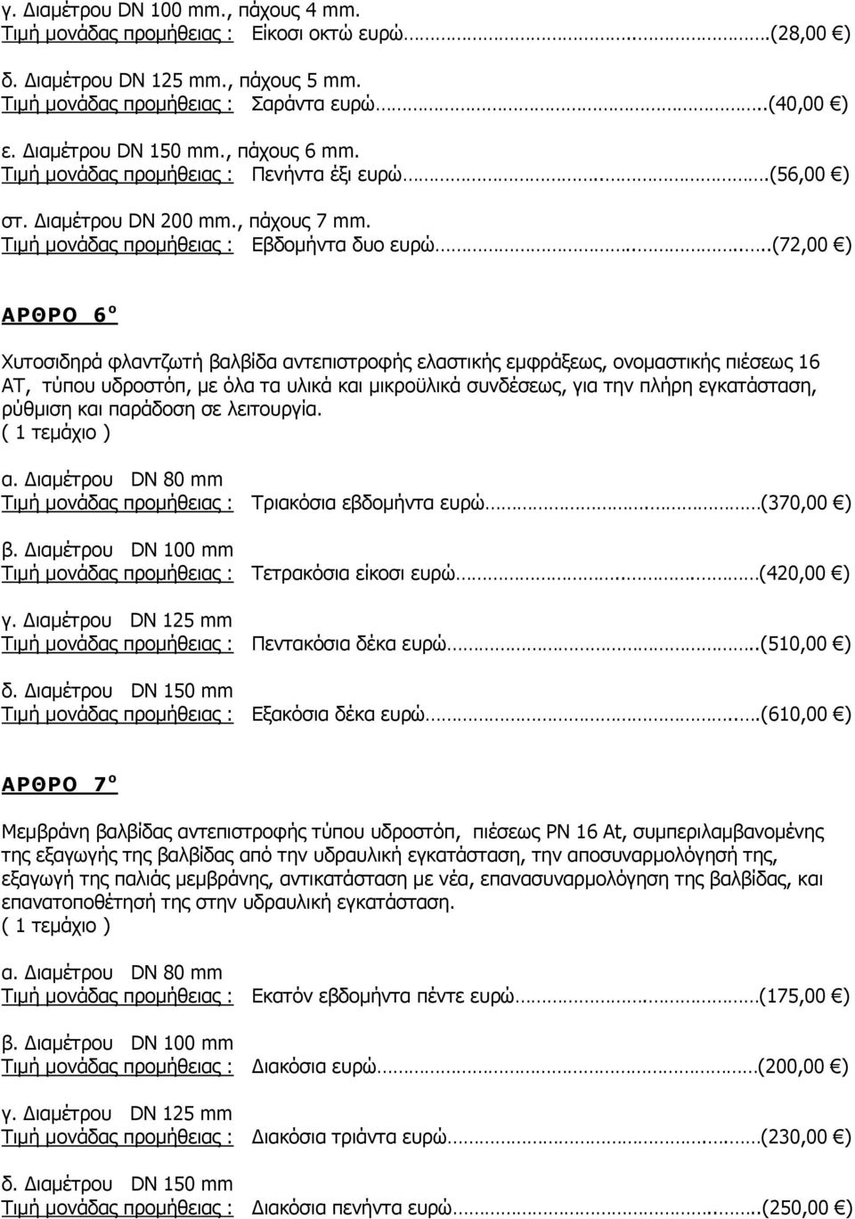 .....(72,00 ) ΑΡΘΡΟ 6 ο Χυτοσιδηρά φλαντζωτή βαλβίδα αντεπιστροφής ελαστικής εμφράξεως, ονομαστικής πιέσεως 16 ΑΤ, τύπου υδροστόπ, με όλα τα υλικά και μικροϋλικά συνδέσεως, για την πλήρη εγκατάσταση,