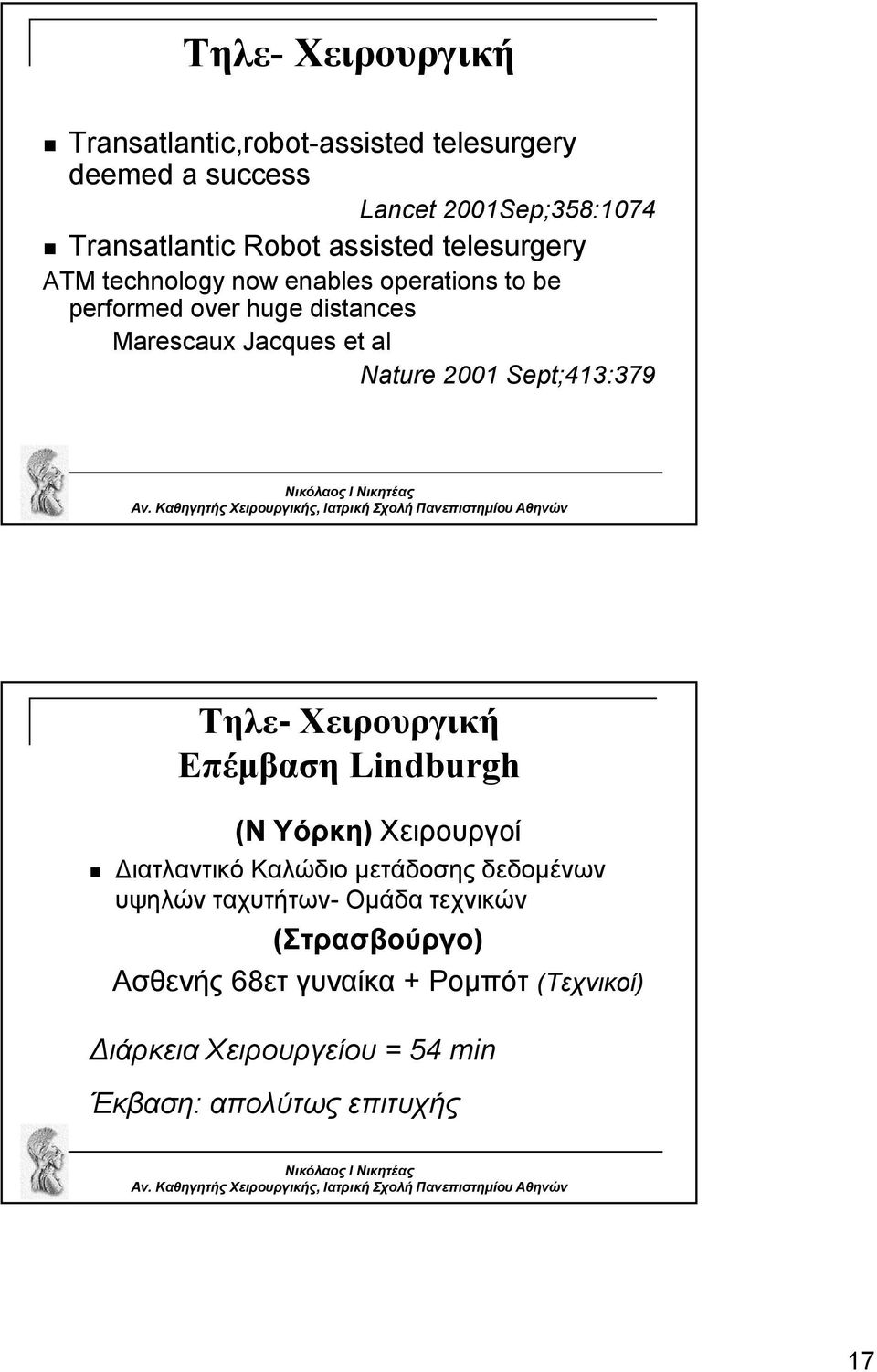 2001 Sept;413:379 Τηλε- Χειρουργική Επέμβαση Lindburgh (Ν Υόρκη) Χειρουργοί ιατλαντικό Καλώδιο μετάδοσης δεδομένων υψηλών