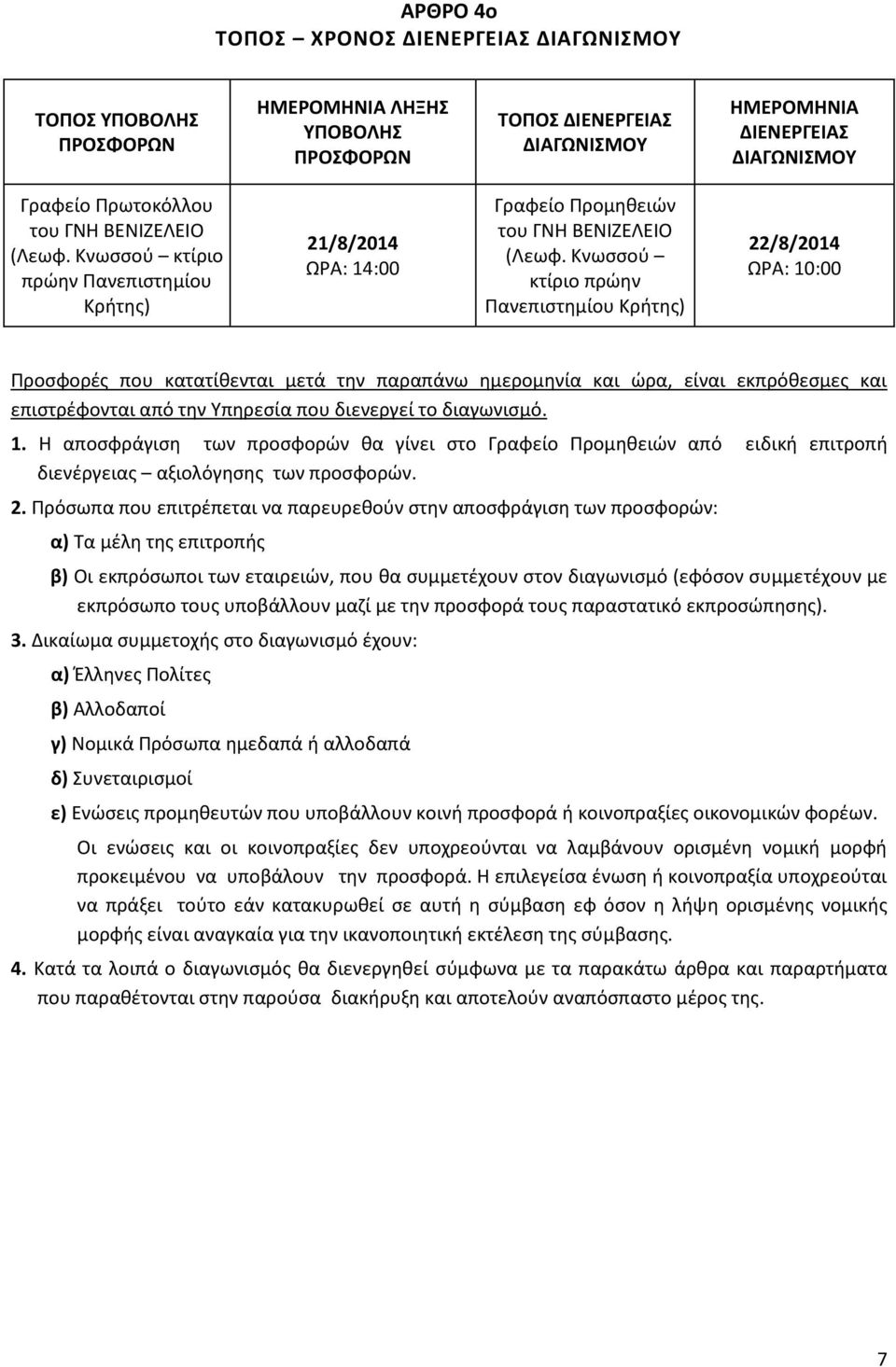 Κνωσσού κτίριο πρώην Πανεπιστημίου Κρήτης) 22/8/2014 ΩΡΑ: 10:00 Προσφορές που κατατίθενται μετά την παραπάνω ημερομηνία και ώρα, είναι εκπρόθεσμες και επιστρέφονται από την Υπηρεσία που διενεργεί το