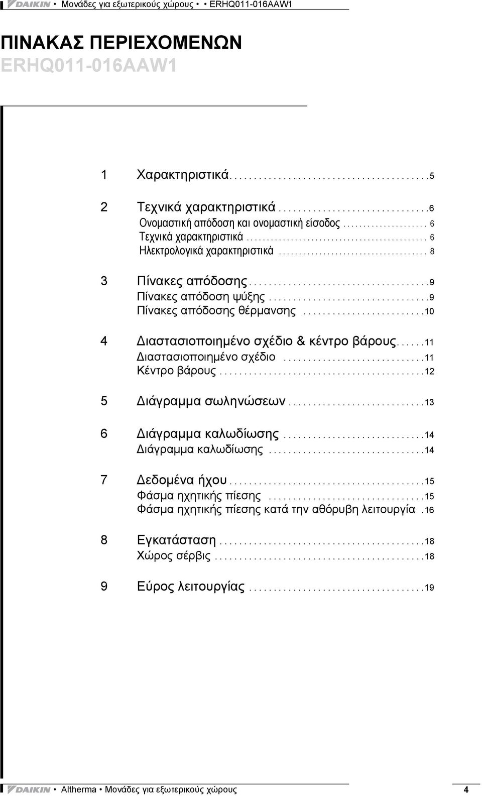 ....................................9 Πίνακες απόδοση ψύξης.................................9 Πίνακες απόδοσης θέρμανσης.........................10 4 Διαστασιοποιημένο σχέδιο & κέντρο βάρους.