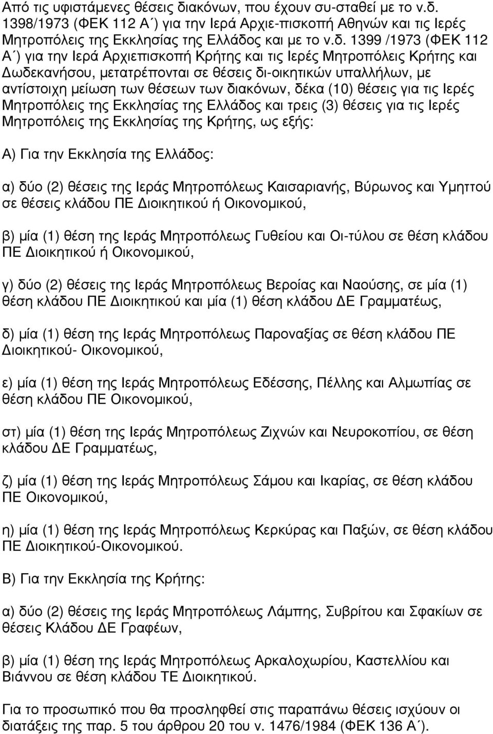 1398/1973 (ΦΕΚ 112 Α ) για την Ιερά Αρχιε-πισκοπή Αθηνών και τις Ιερές Μητροπόλεις της Εκκλησίας της Ελλάδο