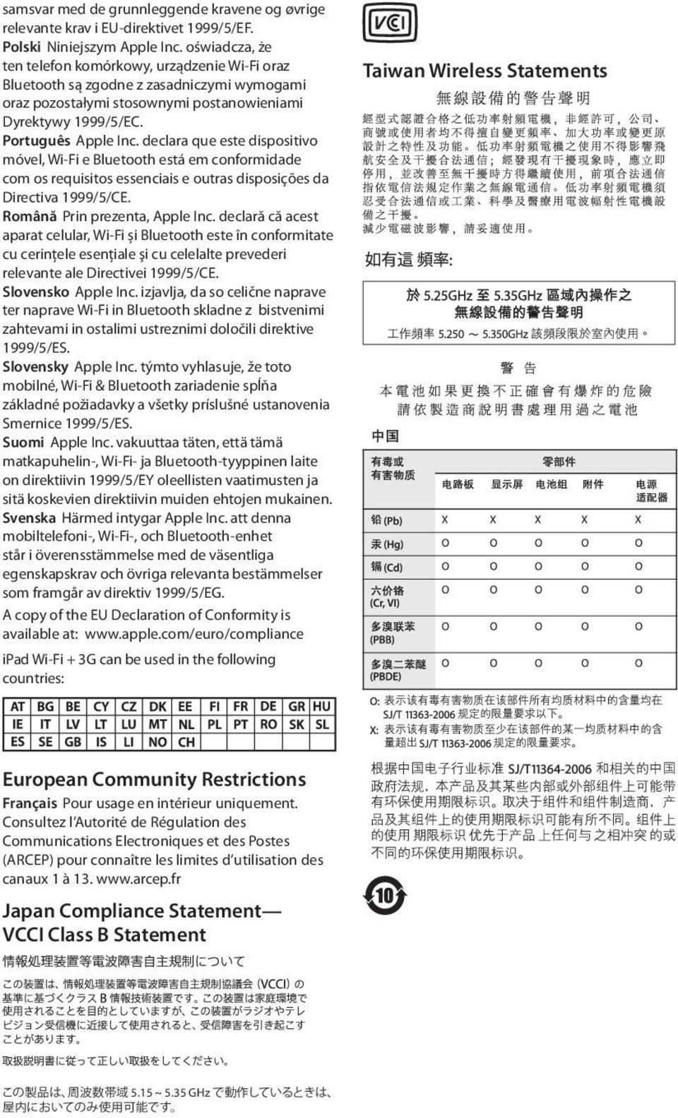 declara que este dispositivo móvel, Wi-Fi e Bluetooth está em conformidade com os requisitos essenciais e outras disposições da Directiva 1999/5/CE. Română Prin prezenta, Apple Inc.