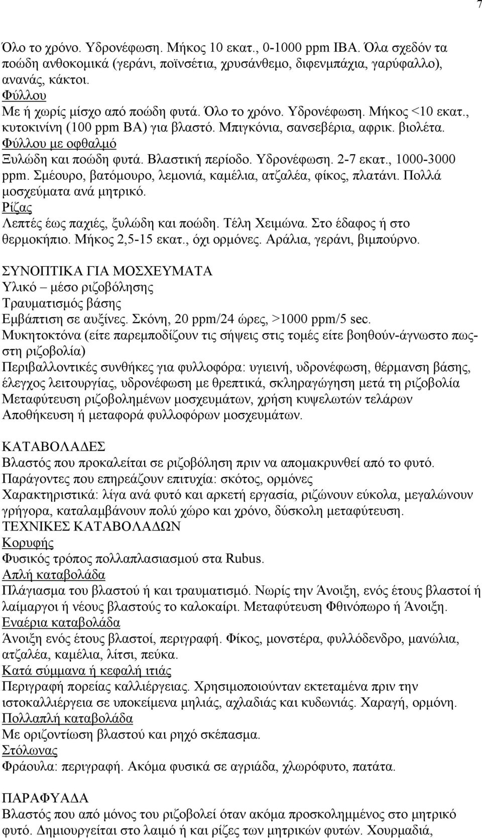 Βλαστική περίοδο. Υδρονέφωση. 2-7 εκατ., 1000-3000 ppm. Σμέουρο, βατόμουρο, λεμονιά, καμέλια, ατζαλέα, φίκος, πλατάνι. Πολλά μοσχεύματα ανά μητρικό. Ρίζας Λεπτές έως παχιές, ξυλώδη και ποώδη.