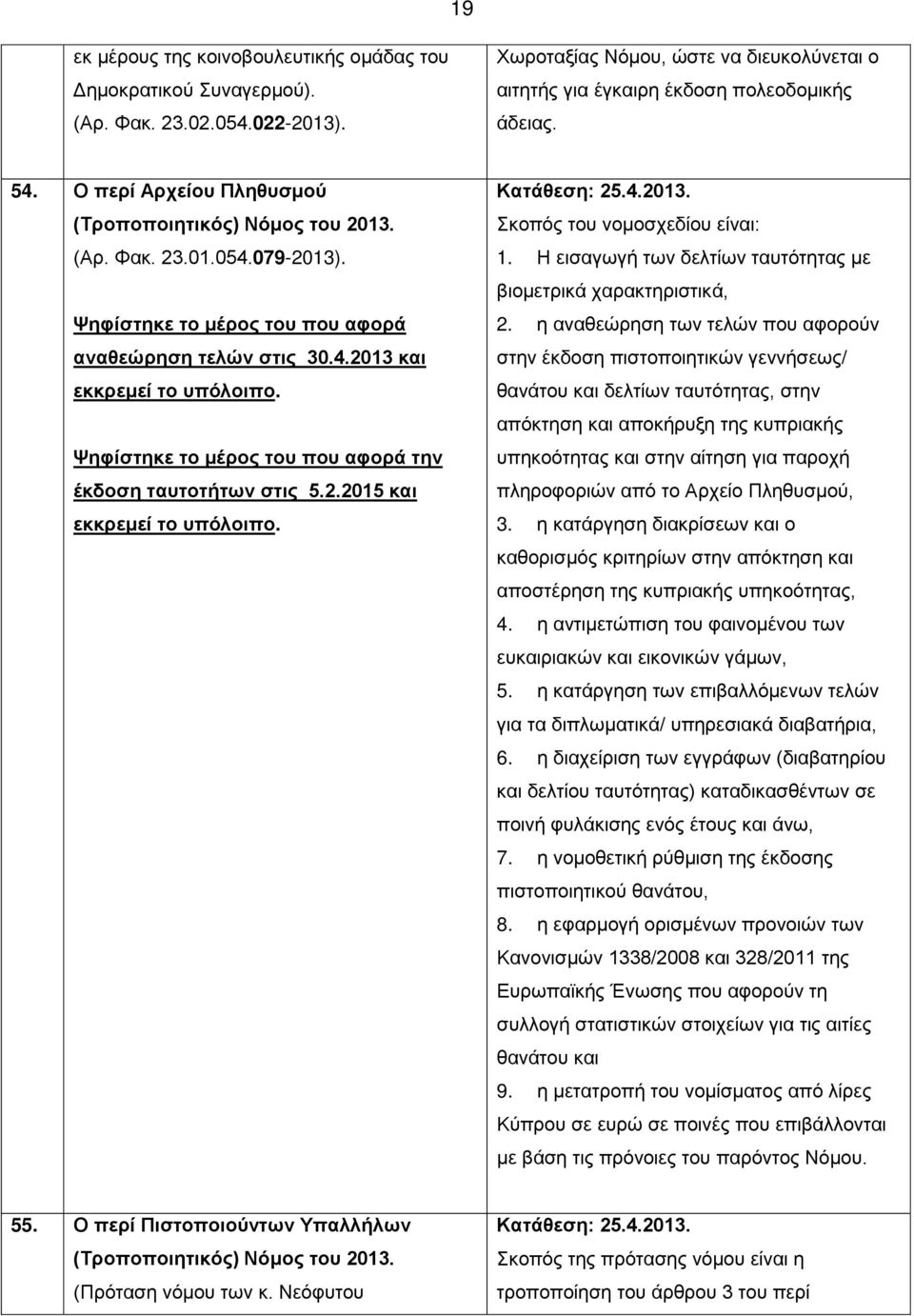 Ψηφίστηκε το μέρος του που αφορά την έκδοση ταυτοτήτων στις 5.2.2015 και εκκρεμεί το υπόλοιπο. Κατάθεση: 25.4.2013. Σκοπός του νομοσχεδίου είναι: 1.