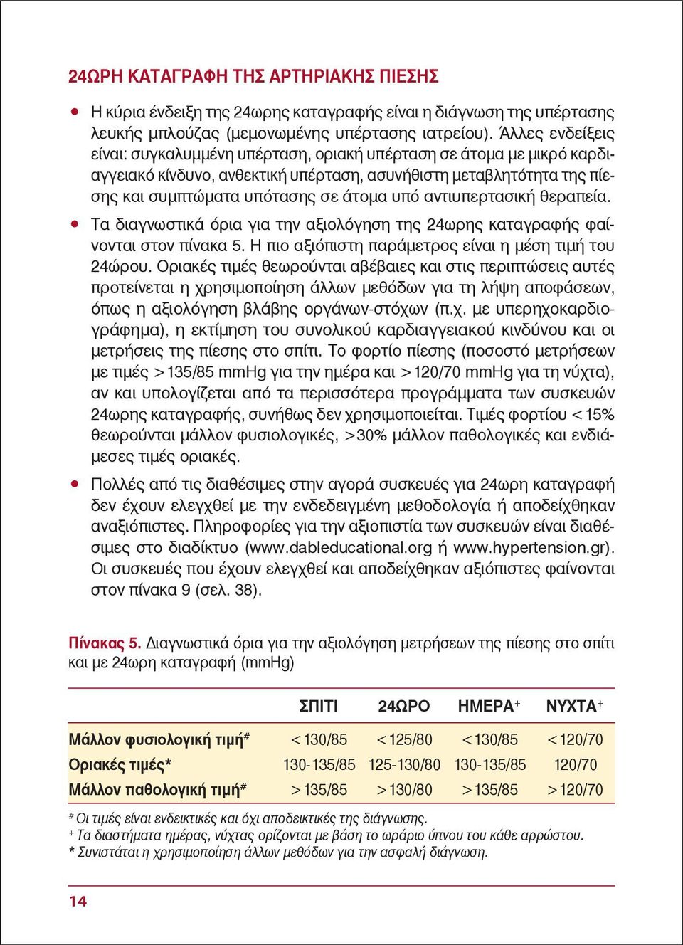 αντιυπερτασική θεραπεία. Τα διαγνωστικά όρια για την αξιολόγηση της 24ωρης καταγραφής φαίνονται στον πίνακα 5. Η πιο αξιόπιστη παράμετρος είναι η μέση τιμή του 24ώρου.