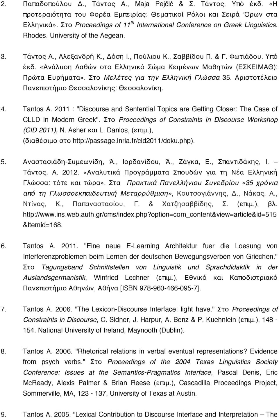 «Ανάλυση Λαθών στο Ελληνικό Σώμα Κειμένων Μαθητών (ΕΣΚΕΙΜΑΘ): Πρώτα Ευρήματα». Στο Μελέτες για την Ελληνική Γλώσσα 35. Αριστοτέλειο Πανεπιστήμιο Θεσσαλονίκης: Θεσσαλονίκη. 4. Tantos A.