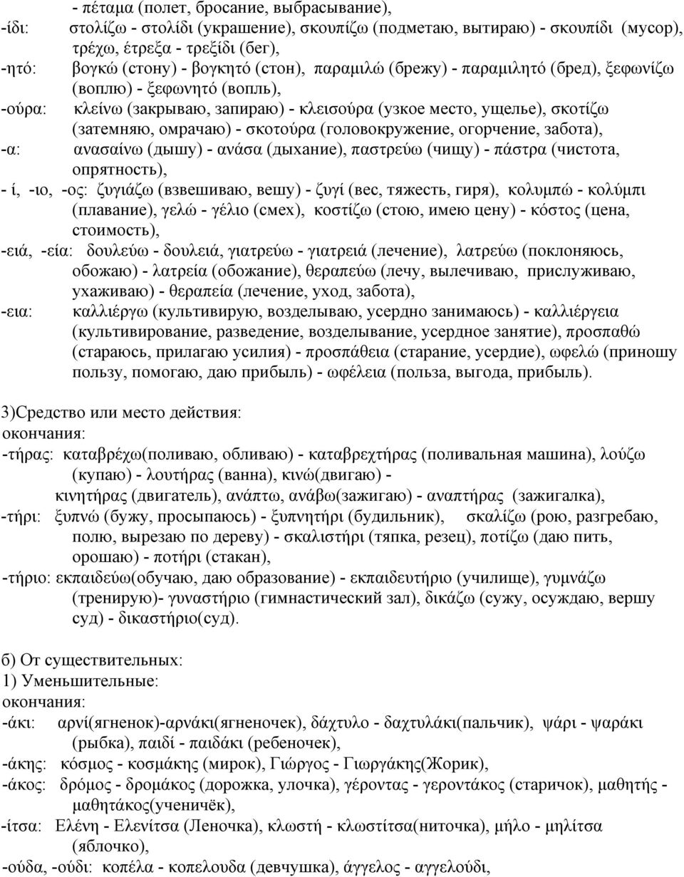 огорчение, забота), -α: ανασαίνω (дышу) - ανάσα (дыхание), παστρεύω (чищу) - πάστρα (чистота, опрятность), - ί, -ιο, -ος: ζυγιάζω (взвешиваю, вешу) - ζυγί (вес, тяжесть, гиря), κολυμπώ - κολύμπι