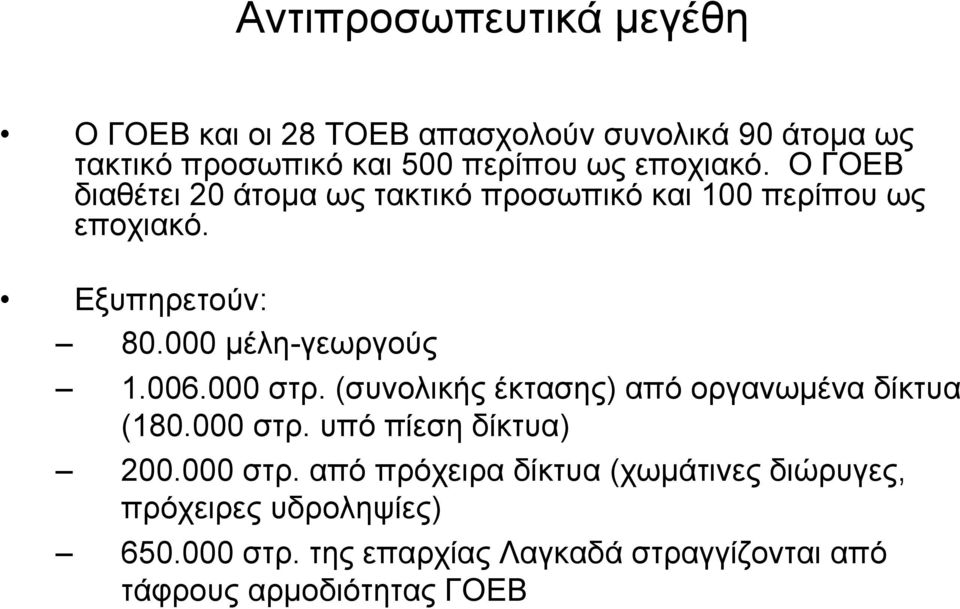 000 μέλη-γεωργούς 1.006.000 στρ. (συνολικής έκτασης) από οργανωμένα δίκτυα (180.000 στρ. υπό πίεση δίκτυα) 200.000 στρ. από πρόχειρα δίκτυα (χωμάτινες διώρυγες, πρόχειρες υδροληψίες) 650.