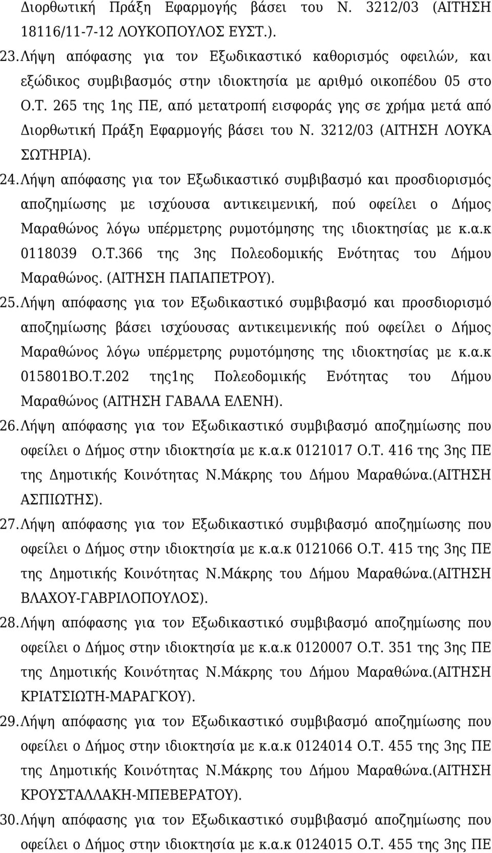 265 της 1ης ΠΕ, από μετατροπή εισφοράς γης σε χρήμα μετά από Διορθωτική Πράξη Εφαρμογής βάσει του Ν. 3212/03 (ΑΙΤΗΣΗ ΛΟΥΚΑ ΣΩΤΗΡΙΑ). 24.