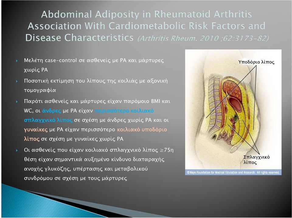 γυναίκεςµε ΡΑ είχαν περισσότερο κοιλιακό υποδόριο λίποςσε σχέση µε γυναίκες χωρίς ΡΑ Οι ασθενείς που είχαν κοιλιακό σπλαγχνικό λίπος 75η θέση