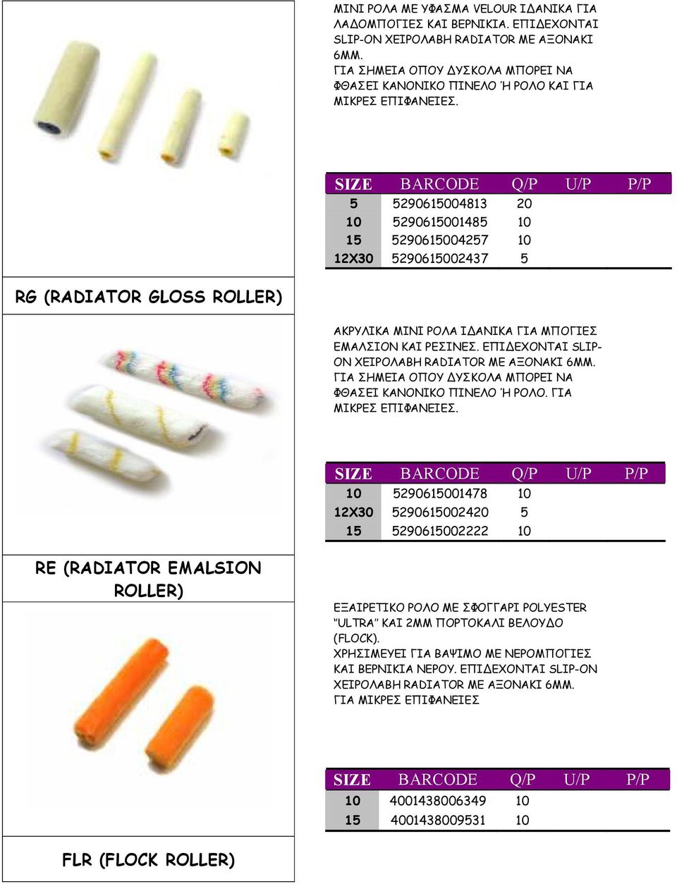 SIZE BARCODE Q/P U/P P/P 5 5290615004813 20 10 5290615001485 10 15 5290615004257 10 12X30 5290615002437 5 RG (RADIATOR GLOSS ROLLER) ΑΚΡΥΛΙΚΑ ΜΙΝΙ ΡΟΛΑ Ι ΑΝΙΚΑ ΓΙΑ ΜΠΟΓΙΕΣ ΕΜΑΛΣΙΟΝ ΚΑΙ ΡΕΣΙΝΕΣ.