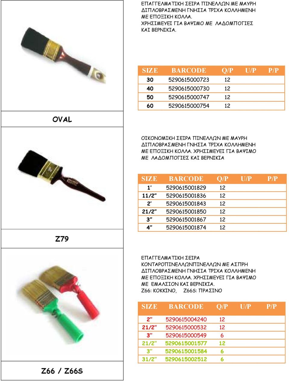 ΧΡΗΣΙΜΕΥΕΙ ΓΙΑ ΒΑΨΙΜΟ ΜΕ ΛΑ ΟΜΠΟΓΙΕΣ ΚΑΙ ΒΕΡΝΙΚΙΑ SIZE BARCODE Q/P U/P P/P 1 5290615001829 12 11/2 5290615001836 12 2 5290615001843 12 21/2 5290615001850 12 3 5290615001867 12 4 5290615001874 12 Z79