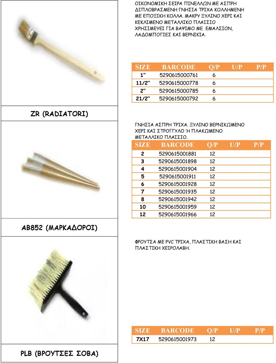 SIZE BARCODE Q/P U/P P/P 1 5290615000761 6 11/2 5290615000778 6 2 5290615000785 6 21/2 5290615000792 6 ZR (RADIATORI) ΓΝΗΣΙΑ ΑΣΠΡΗ ΤΡΙΧΑ.