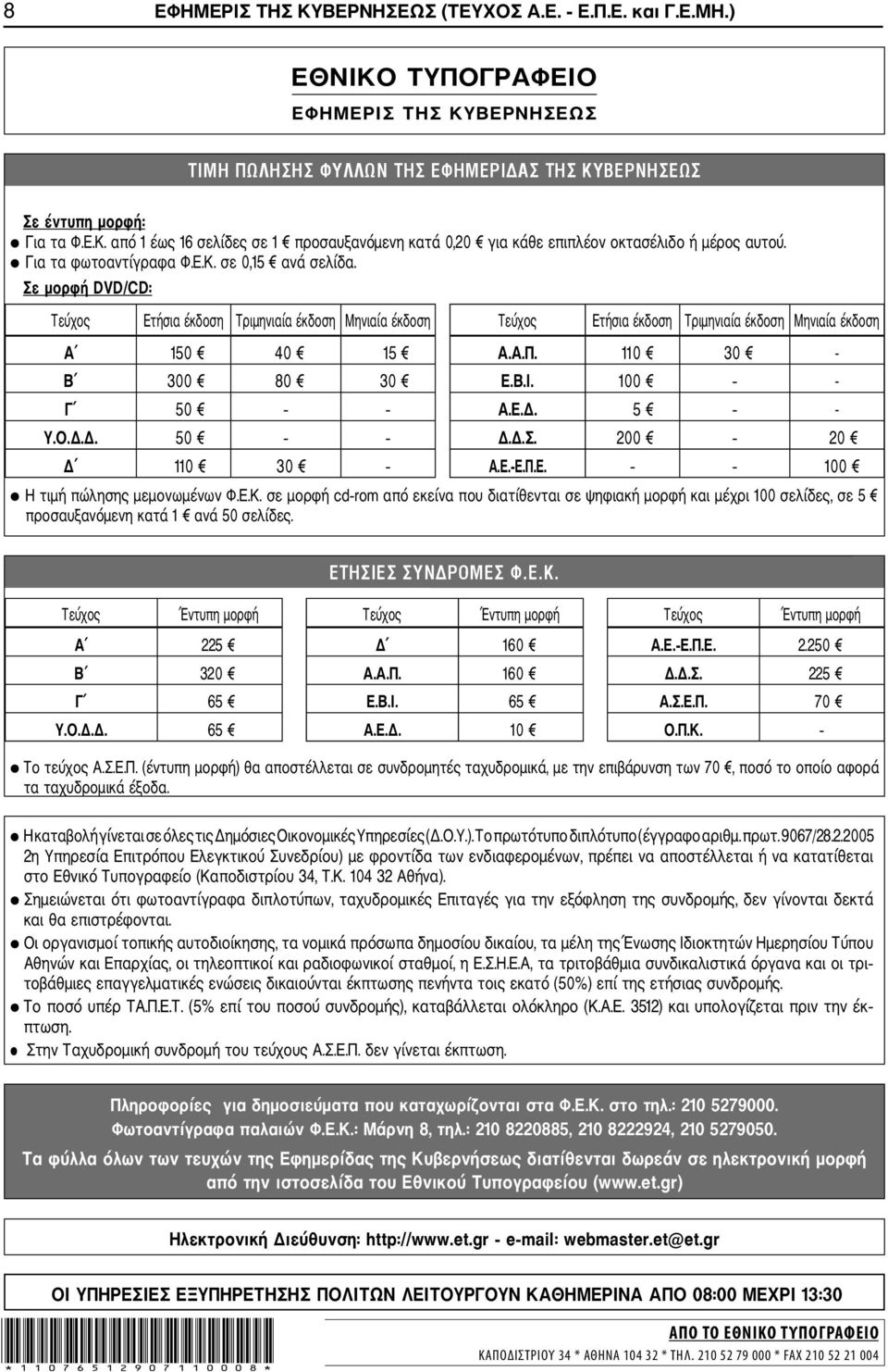 110 30 - Β 300 80 30 Ε.Β.Ι. 100 - Γ 50 Α.Ε.Δ. 5 - Υ.Ο.Δ.Δ. 50 Δ.Δ.Σ. 200 20 Δ 110 30 Α.Ε. Ε.Π.Ε. 100 Η τιμή πώλησης μεμονωμένων Φ.Ε.Κ.