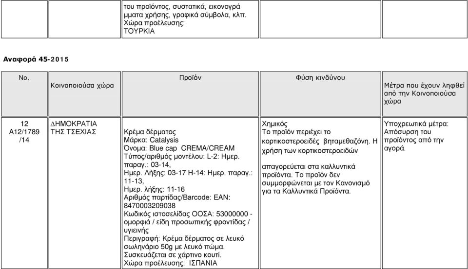 CREMA/CREAM Τύπος/αριθμός μοντέλου: L-2: Ημερ. παραγ.: 03-, Ημερ. Λήξης: 03-17 H-: Ημερ. παραγ.: 11-13, Ημερ.