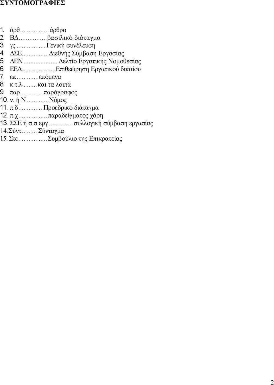 ..επόμενα 8. κ.τ.λ...και τα λοιπά 9. παρ... παράγραφος 10. ν. ή Ν...Νόμος 11. π.δ... Προεδρικό διάταγμα 12. π.χ.