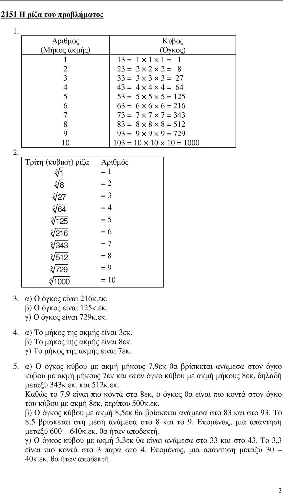 729 10 103 = 10 10 10 = 1000 Τρίτη (κυβική) ρίζα Α ρ ι θμός 3 1 = 1 38 = 2 3 27 = 3 364 = 4 3125 = 5 3216 = 6 3 343 = 7 3512 = 8 3 729 = 9 3 1000 = 10 3. α) Ο όγκος είναι 216κ.εκ.