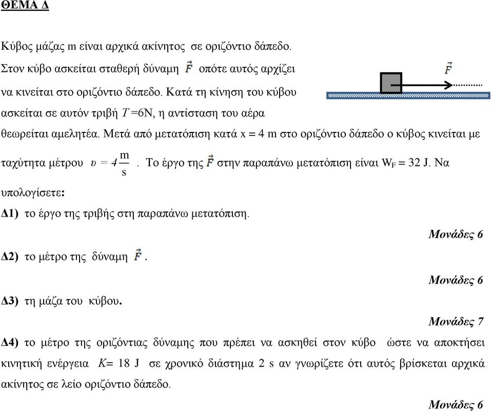 Μετά από μετατόπιση κατά x = 4 m στο οριζόντιο δάπεδο ο κύβος κινείται με ταχύτητα μέτρου υπολογίσετε: m υ = 4 s. Το έργο της στην παραπάνω μετατόπιση είναι W F = 32 J.