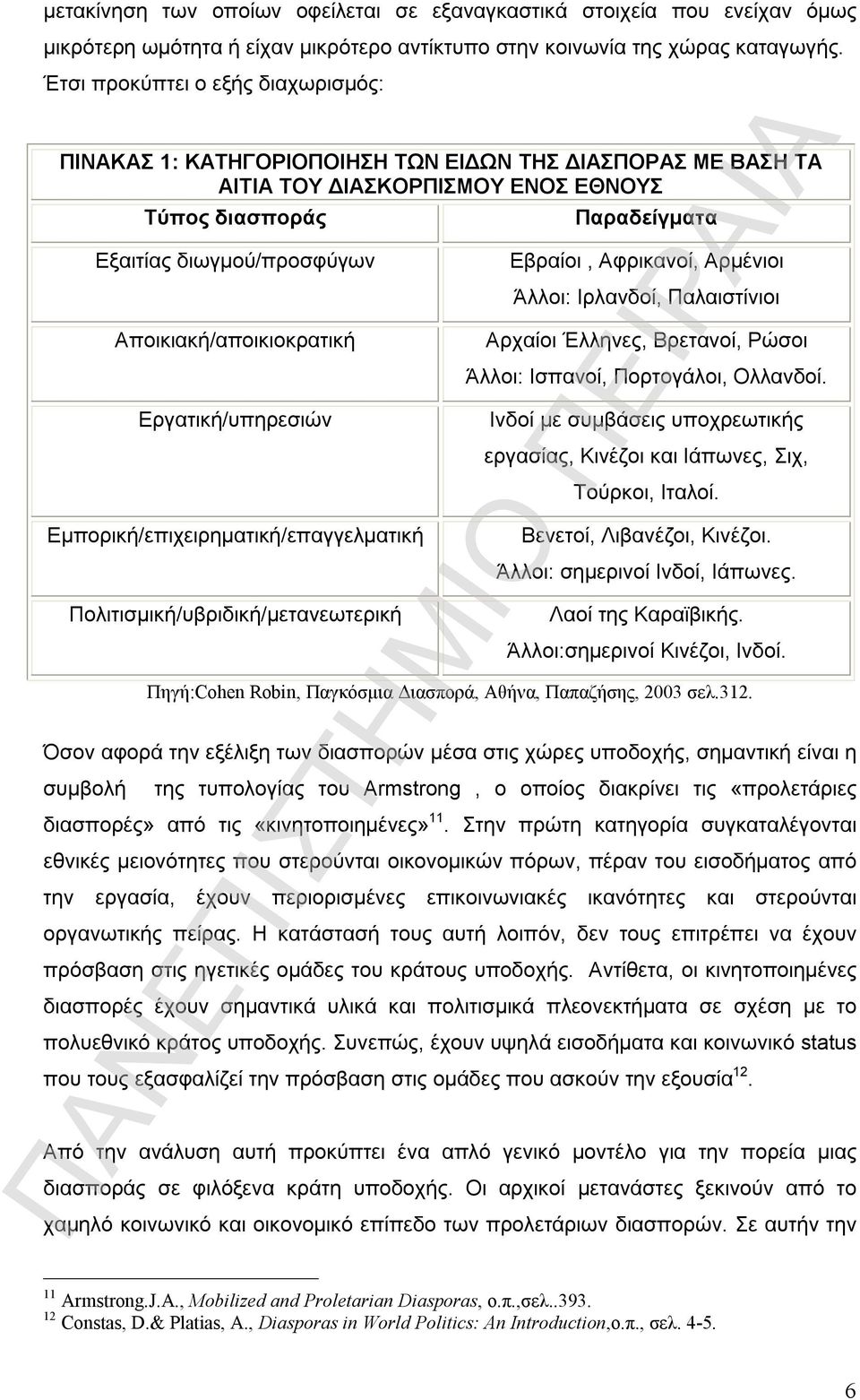 Αποικιακή/αποικιοκρατική Εργατική/υπηρεσιών Εμπορική/επιχειρηματική/επαγγελματική Πολιτισμική/υβριδική/μετανεωτερική Παραδείγματα Εβραίοι, Αφρικανοί, Αρμένιοι Άλλοι: Ιρλανδοί, Παλαιστίνιοι Αρχαίοι