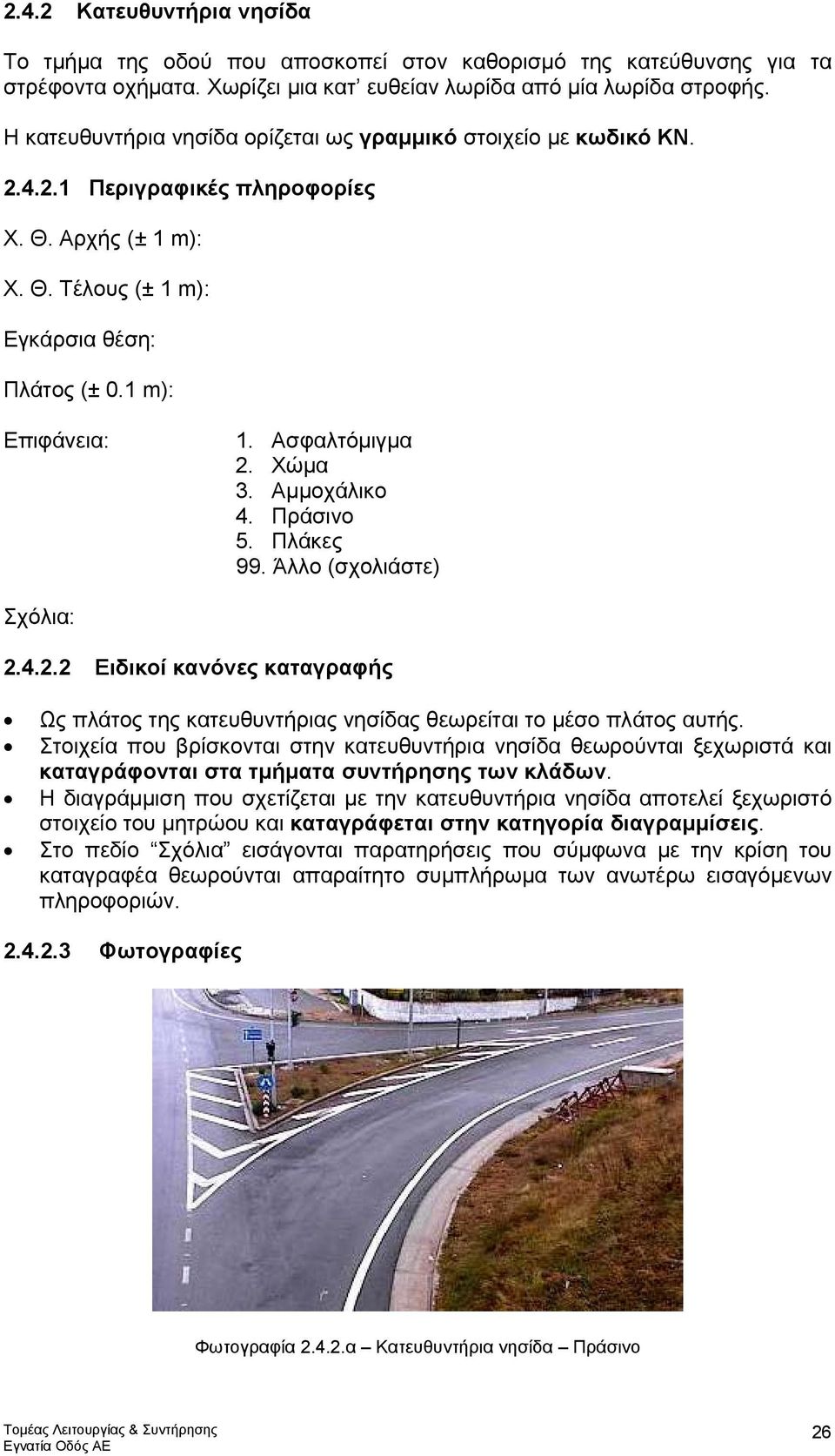 Ασφαλτόµιγµα 2. Χώµα 3. Αµµοχάλικο 4. Πράσινο 5. Πλάκες 2.4.2.2 Ειδικοί κανόνες καταγραφής Ως πλάτος της κατευθυντήριας νησίδας θεωρείται το µέσο πλάτος αυτής.