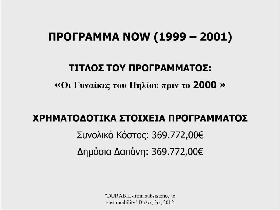 το 2000» ΧΡΗΜΑΤΟΔΟΤΙΚΑ ΣΤΟΙΧΕΙΑ ΠΡΟΓΡΑΜΜΑΤΟΣ