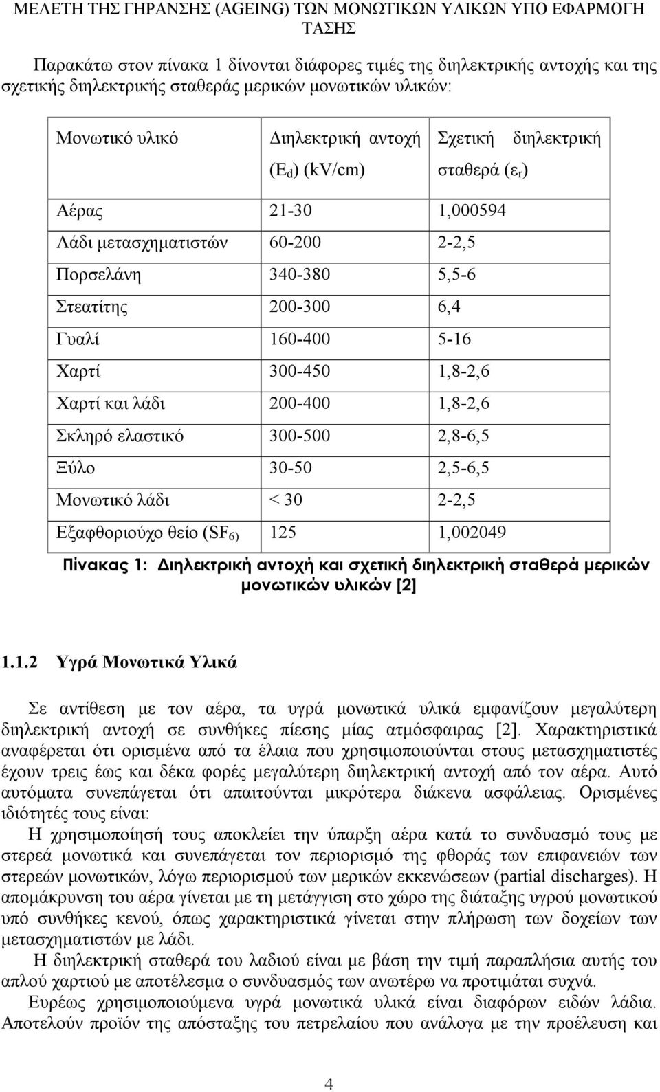 Σκληρό ελαστικό 300-500 2,8-6,5 Ξύλο 30-50 2,5-6,5 Μονωτικό λάδι < 30 2-2,5 Εξαφθοριούχο θείο (SF 6) 125 1,002049 Πίνακας 1: ιηλεκτρική αντοχή και σχετική διηλεκτρική σταθερά µερικών µονωτικών υλικών