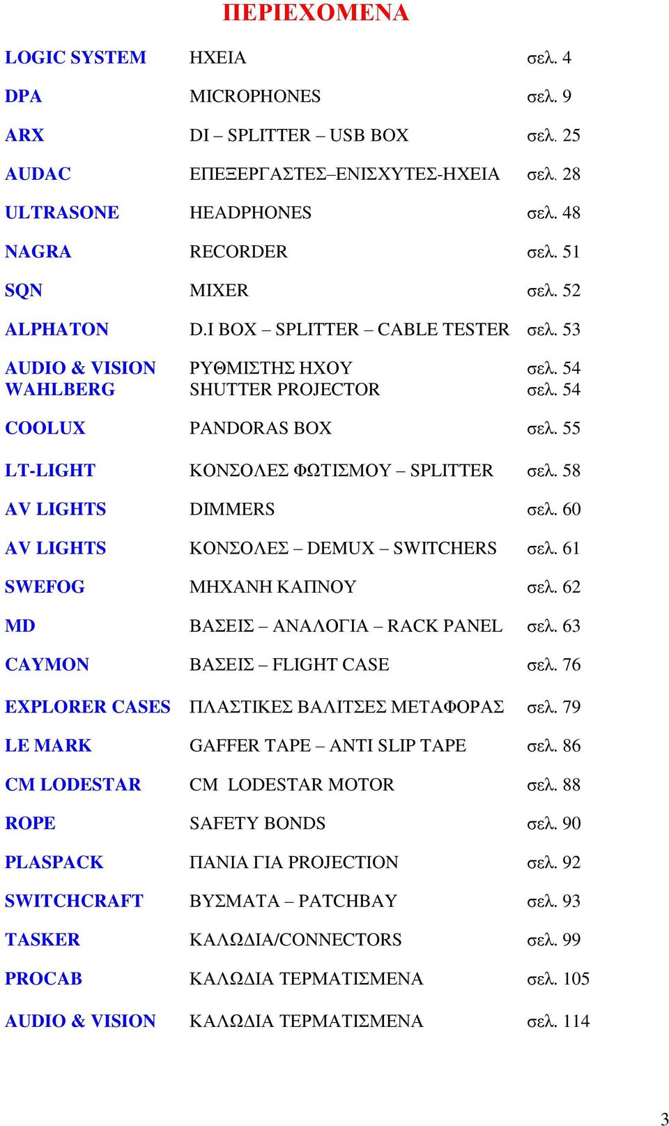 55 LT-LIGHT ΚΟΝΣΟΛΕΣ ΦΩΤΙΣΜΟΥ SPLITTER σελ. 58 AV LIGHTS DIMMERS σελ. 60 AV LIGHTS ΚΟΝΣΟΛΕΣ DEMUX SWITCHERS σελ. 61 SWEFOG ΜΗΧΑΝΗ ΚΑΠΝΟΥ σελ. 62 MD ΒΑΣΕΙΣ ΑΝΑΛΟΓΙΑ RACK PANEL σελ.