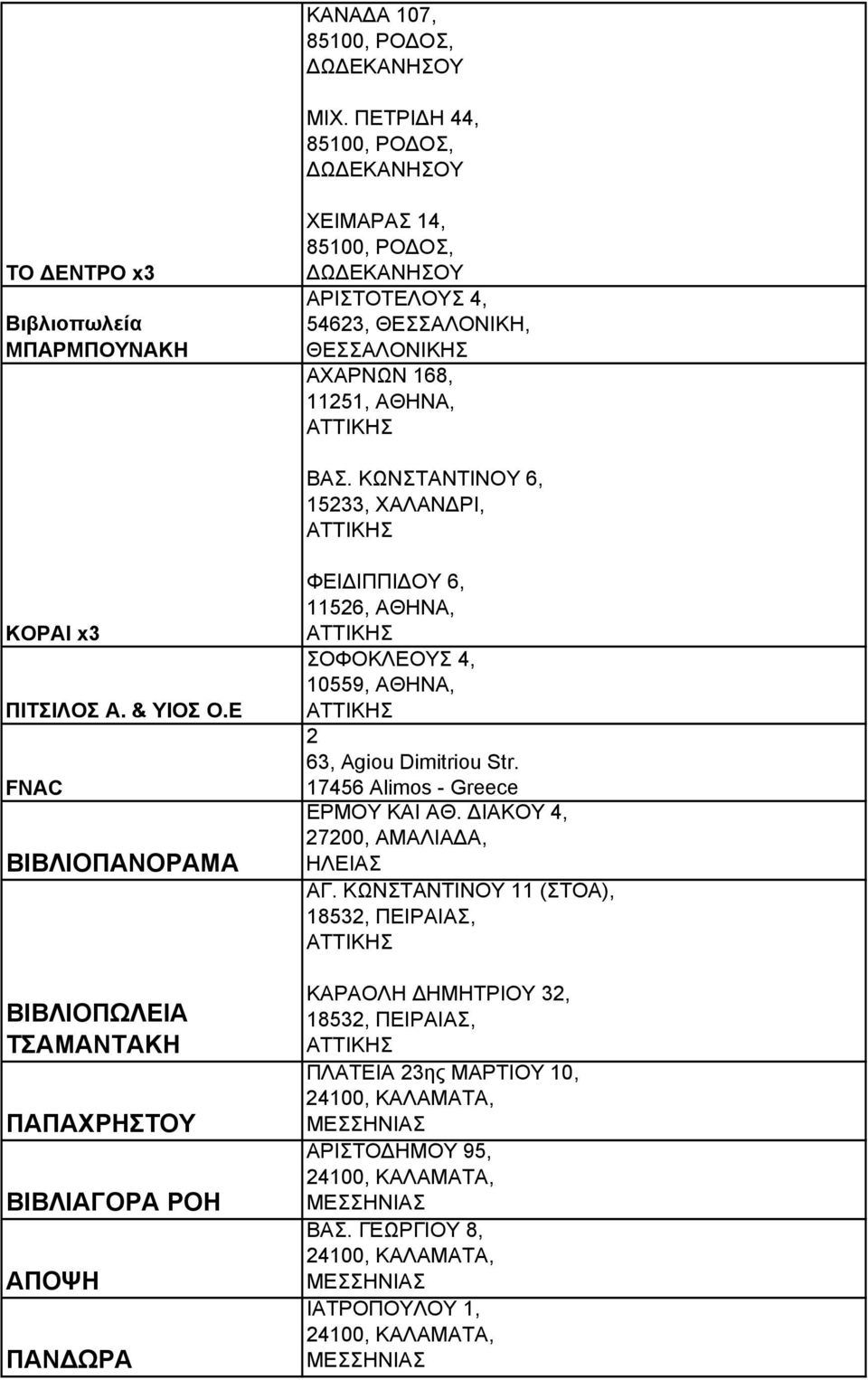Ε FNAC ΒΙΒΛΙΟΠΑΝΟΡΑΜΑ ΒΙΒΛΙΟΠΩΛΕΙΑ ΤΣΑΜΑΝΤΑΚΗ ΠΑΠΑΧΡΗΣΤΟΥ ΒΙΒΛΙΑΓΟΡΑ ΡΟΗ ΑΠΟΨΗ ΠΑΝ ΩΡΑ ΦΕΙ ΙΠΠΙ ΟΥ 6, 11526, ΑΘΗΝΑ, ΣΟΦΟΚΛΕΟΥΣ 4, 10559, ΑΘΗΝΑ, 2 63, Agiou Dimitriou Str.