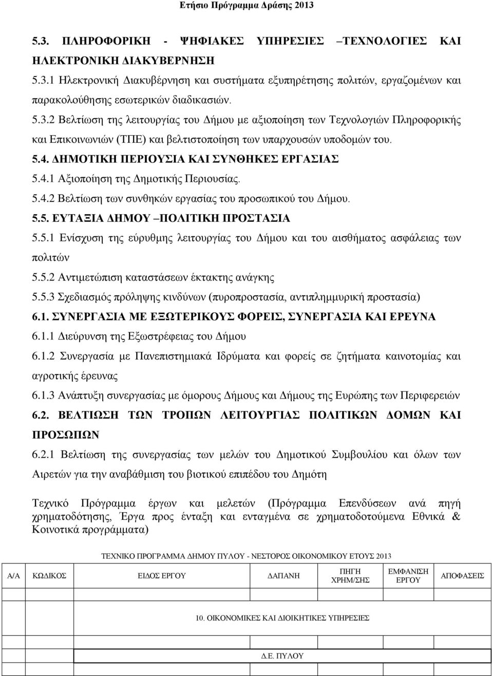 ΔΗΜΟΤΙΚΗ ΠΕΡΙΟΥΣΙΑ ΚΑΙ ΣΥΝΘΗΚΕΣ ΕΡΓΑΣΙΑΣ 5.4.1 Αξιοποίηση της Δημοτικής Περιουσίας. 5.4.2 Βελτίωση των συνθηκών εργασίας του προσωπικού του Δήμου. 5.5. ΕΥΤΑΞΙΑ ΔΗΜΟΥ ΠΟΛΙΤΙΚΗ ΠΡΟΣΤΑΣΙΑ 5.5.1 Ενίσχυση της εύρυθμης λειτουργίας του Δήμου και του αισθήματος ασφάλειας των πολιτών 5.