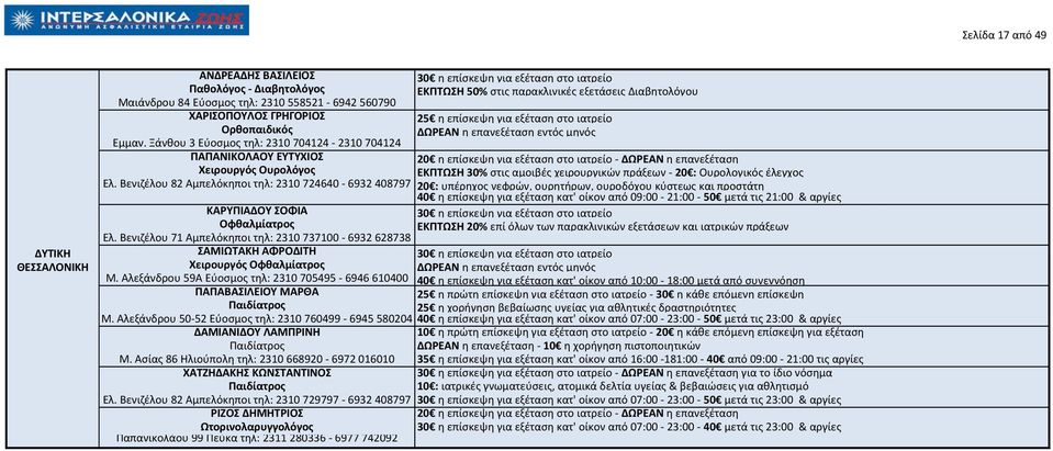 Ξάνκου 3 Εφοςμοσ τθλ: 2310 704124-2310 704124 ΠΑΠΑΝΙΚΟΛΑΟΤ ΕΤΣΤΧΙΟ - ΔΩΡΕΑΝ θ επανεξζταςθ Χειρουργόσ Ουρολόγοσ ΕΚΠΣΩΗ 30% ςτισ αμοιβζσ χειρουργικϊν πράξεων - 20 : Ουρολογικόσ ζλεγχοσ Ελ.