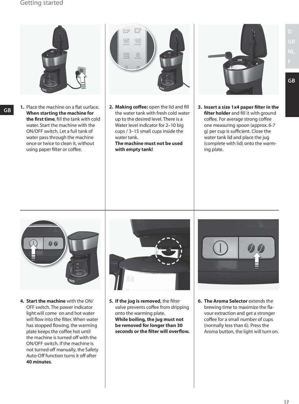 Making coffee: open the lid and fill the water tank with fresh cold water up to the desired level. There is a Water level indicator for 2 10 big cups / 3 15 small cups inside the water tank.