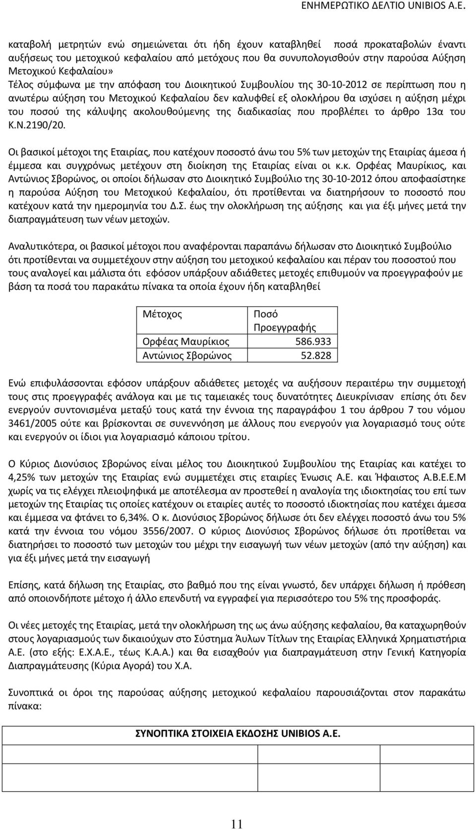 ακολουθούμενης της διαδικασίας που προβλέπει το άρθρο 13α του Κ.Ν.2190/20.