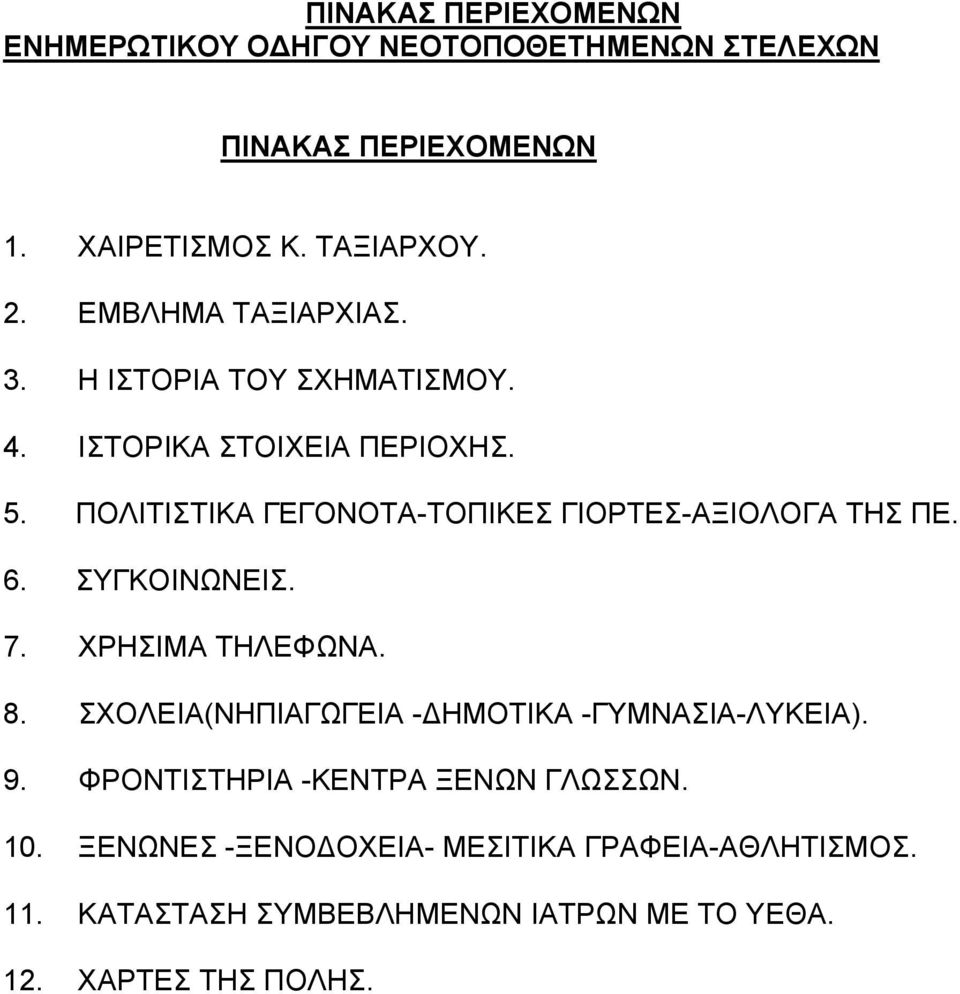 ΠΟΛΙΤΙΣΤΙΚΑ ΓΕΓΟΝΟΤΑ-ΤΟΠΙΚΕΣ ΓΙΟΡΤΕΣ-ΑΞΙΟΛΟΓΑ ΤΗΣ ΠΕ. 6. ΣΥΓΚΟΙΝΩΝΕΙΣ. 7. ΧΡΗΣΙΜΑ ΤΗΛΕΦΩΝΑ. 8.