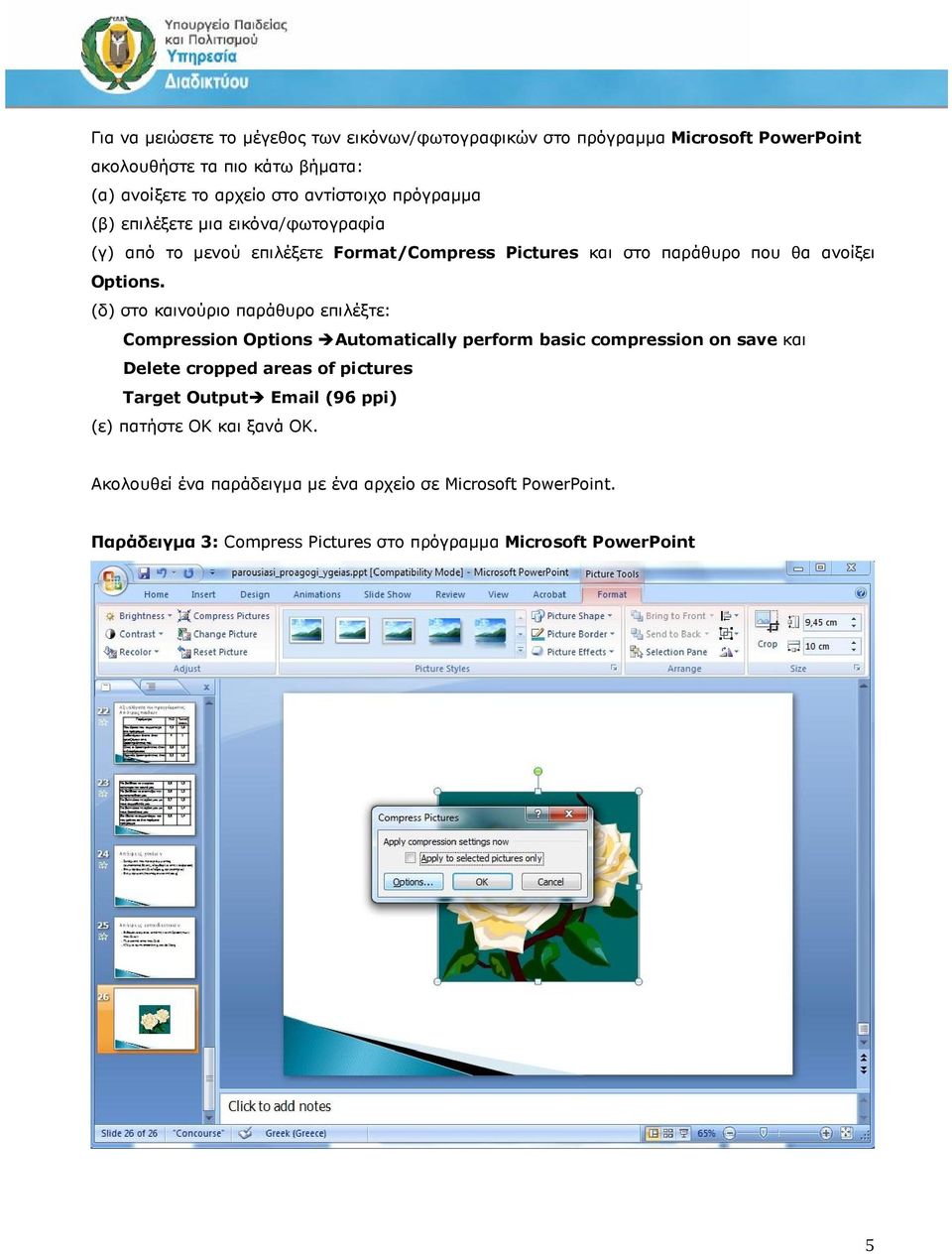 (δ) στο καινούριο παράθυρο επιλέξτε: Compression Options Automatically perform basic compression on save και Delete cropped areas of pictures Target Output