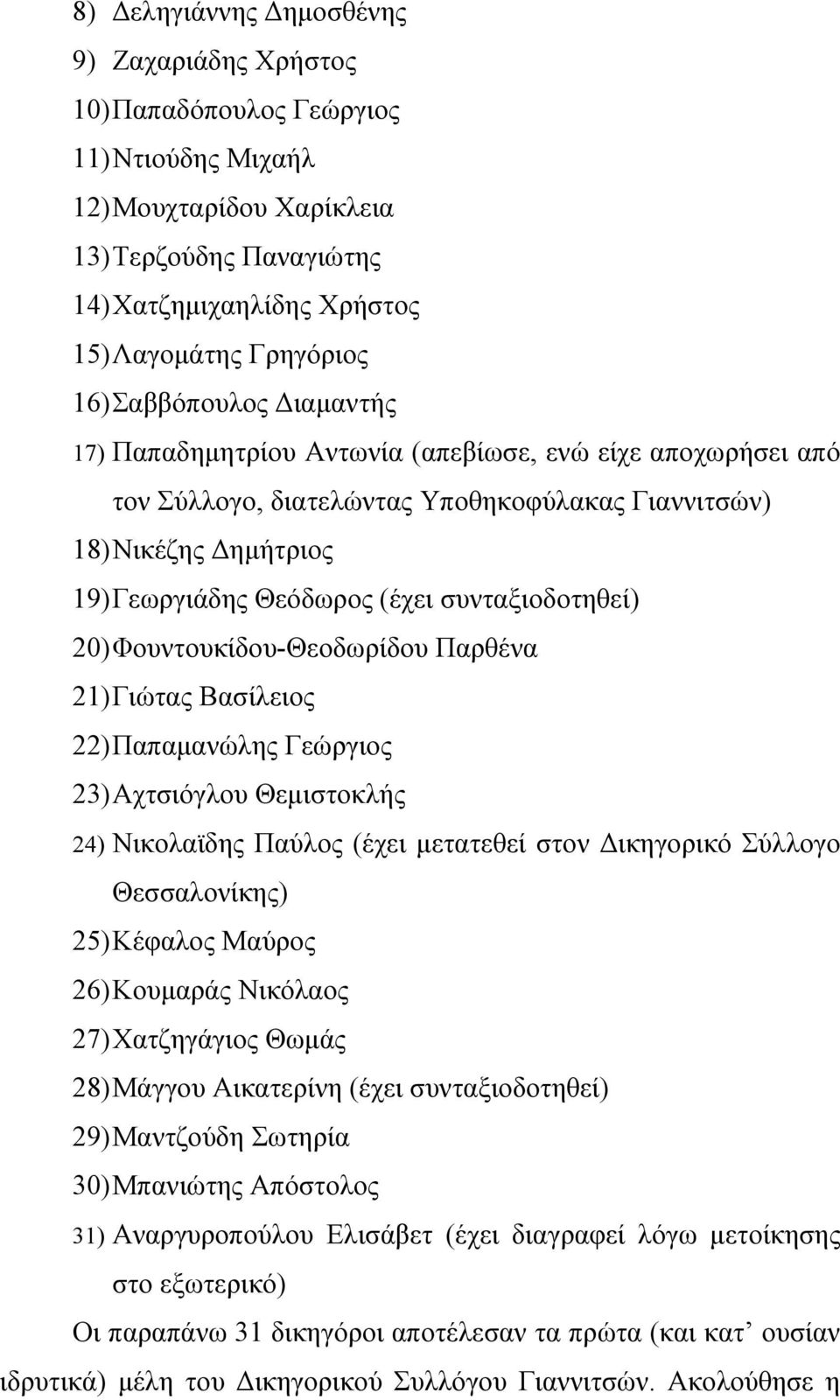 συνταξιοδοτηθεί) 20)Φουντουκίδου-Θεοδωρίδου Παρθένα 21)Γιώτας Βασίλειος 22)Παπαμανώλης Γεώργιος 23)Αχτσιόγλου Θεμιστοκλής 24) Νικολαϊδης Παύλος (έχει μετατεθεί στον Δικηγορικό Σύλλογο Θεσσαλονίκης)