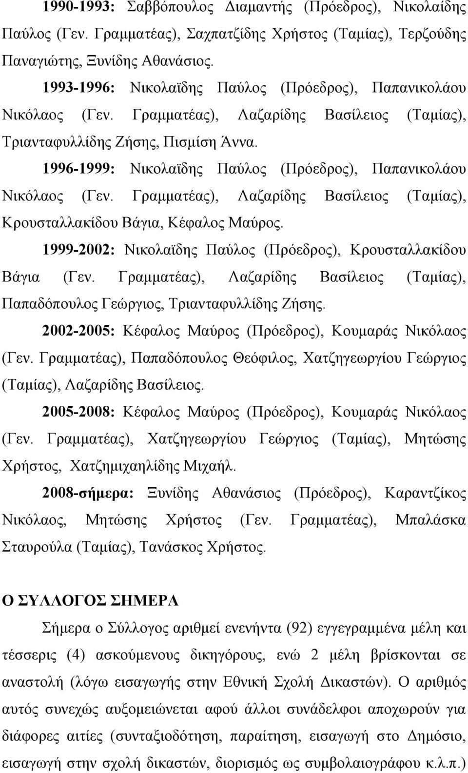 1996-1999: Νικολαϊδης Παύλος (Πρόεδρος), Παπανικολάου Νικόλαος (Γεν. Γραμματέας), Λαζαρίδης Βασίλειος (Ταμίας), Κρουσταλλακίδου Βάγια, Κέφαλος Μαύρος.