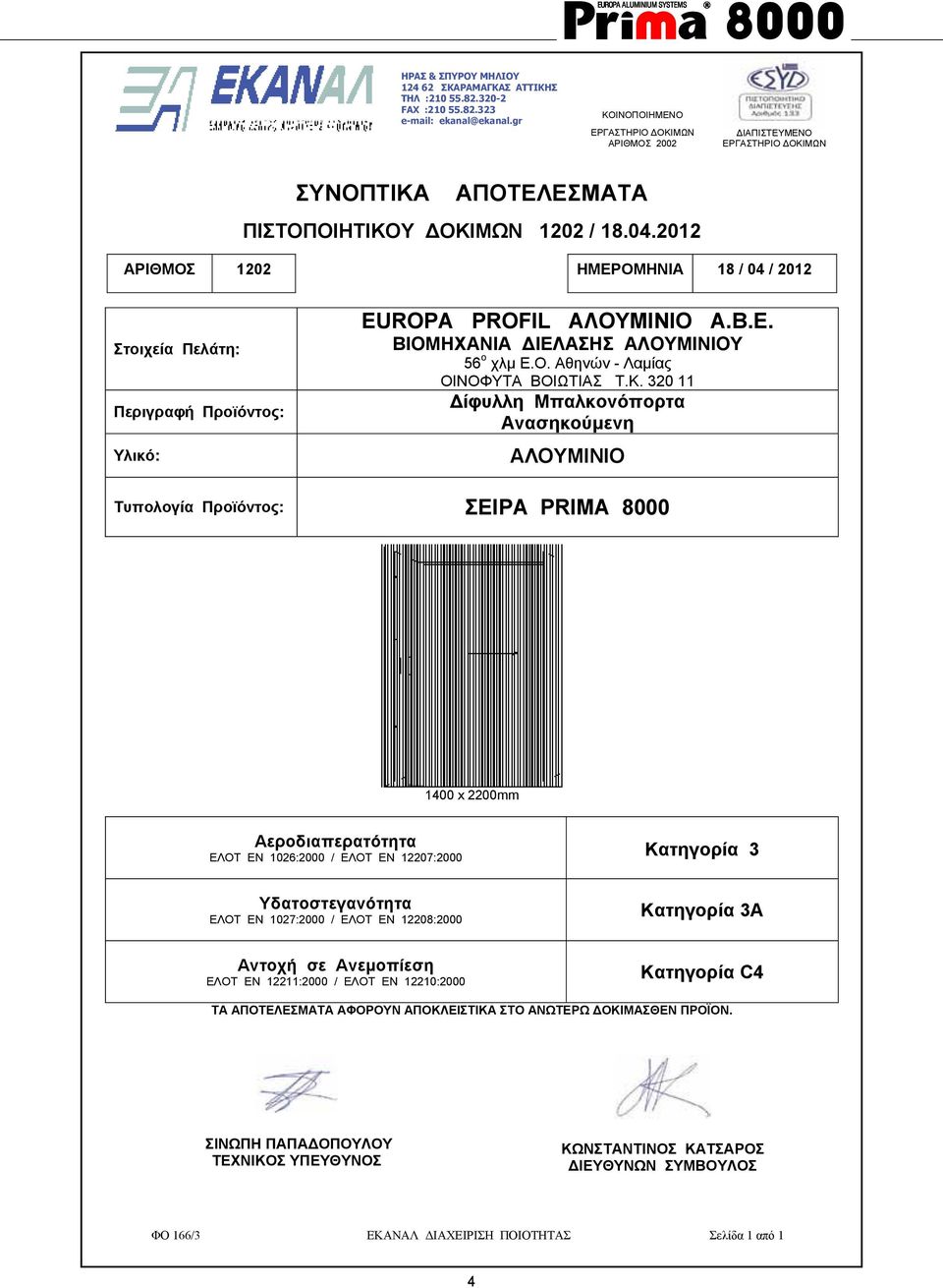 2012 ΑΡΙΘΜΟΣ 1202 ΗΜΕΡΟΜΗΝΙΑ 18 / 04 / 2012 Στοιχεία Πελάτη: Περιγραφή Προϊόντος: Υλικό: EUROPA PROFIL ΑΛΟΥΜΙΝΙΟ Α.Β.Ε. ΒΙΟΜΗΧΑΝΙΑ ΙΕΛΑΣΗΣ ΑΛΟΥΜΙΝΙΟΥ 56 ο χλµ Ε.Ο. Αθηνών - Λαµίας ΟΙΝΟΦΥΤΑ ΒΟΙΩΤΙΑΣ Τ.