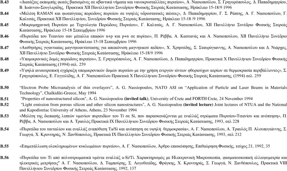 Παπαδημητρίου, Γ. Σ. Ράπτης, Α. Γ. Νασιοπούλου, Γ. Καλτσάς, Πρακτικά ΧΙΙ Πανελληνίου, Συνεδρίου Φυσικής Στερεάς Κατάστασης, Ηράκλειο 15-18 /9 1996 B.