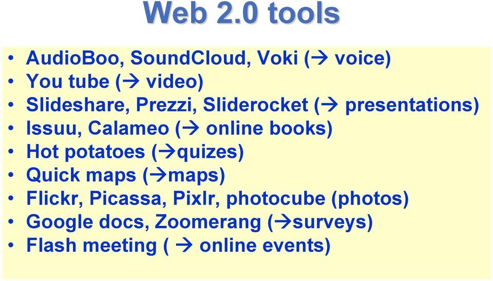 Prezzi, Sliderocket ( presentations) Issuu, Calameo ( online books) Hot